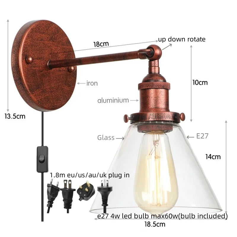 Helnys Clear Glass Iron LED Wall Lamps Stair Light Fixtures Rustic Industrial Vintage