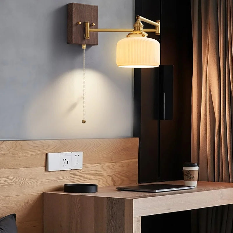 Helnys Wood Swing Arm LED Wall Light Rotatable Bedside Lamp