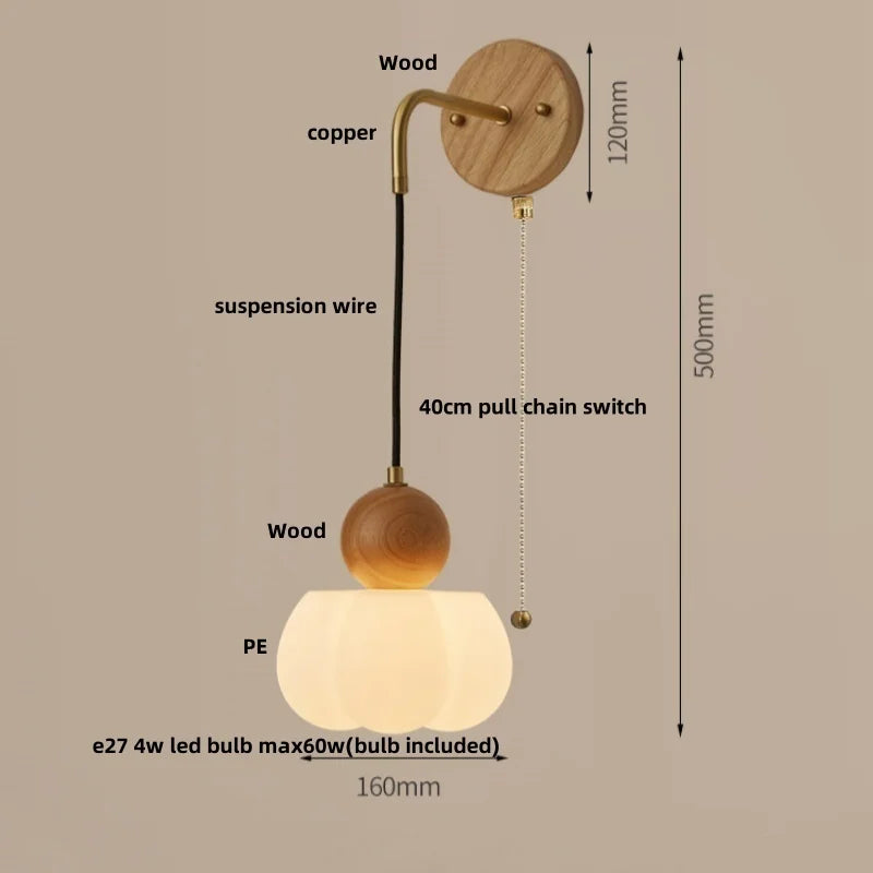 Helnys Amber LED Wall Lamp Walnut Wood Pull Chain Switch Applique Murale
