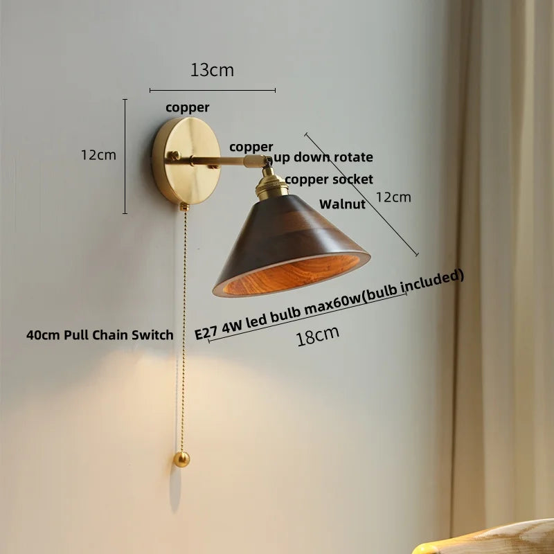 Helnys Nordic Walnut Wood Copper LED Wall Sconce Up Down Rotatable Bedside Lamp