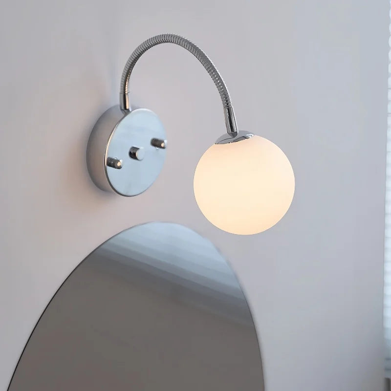 Helnys Silver Hose LED Wall Lamp with White Glass Ball for Modern Bedroom