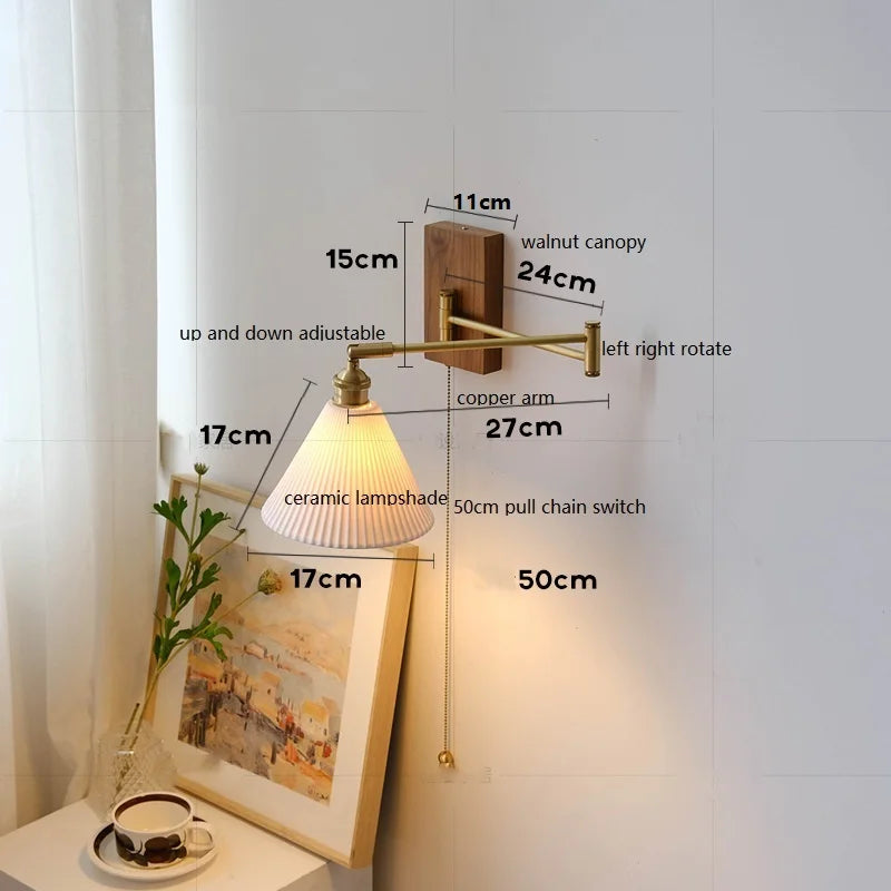 Helnys Walnut Canopy Copper LED Wall Lamp with Rotate Ceramic Lampshade
