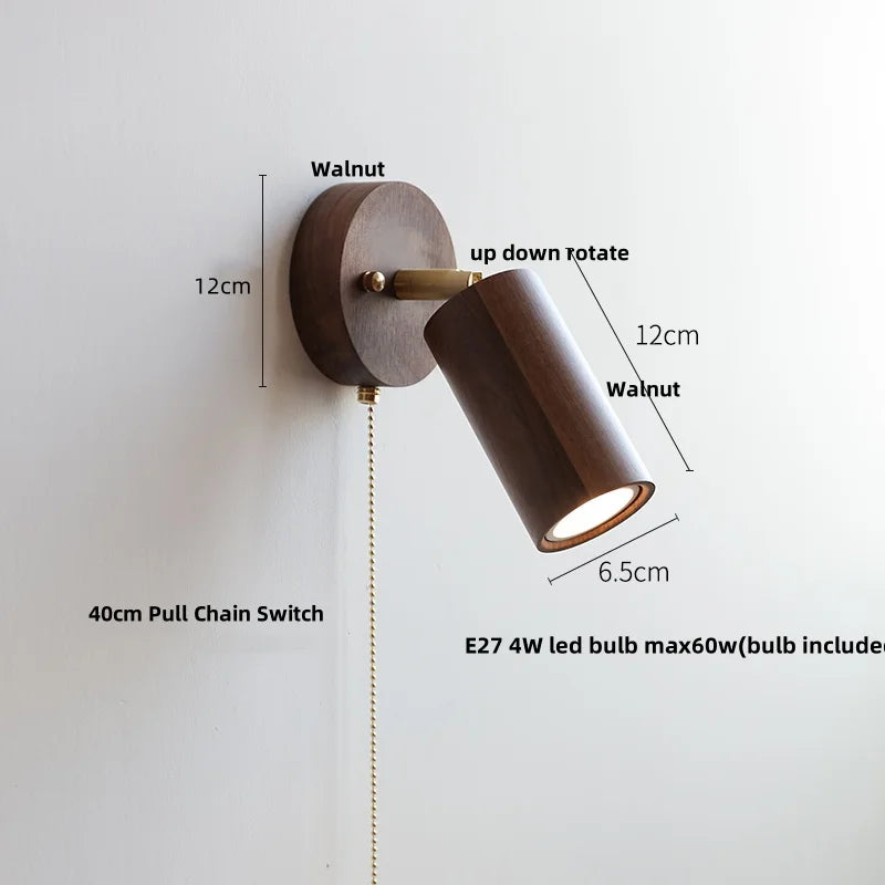 Helnys Nordic LED Wall Lamp Walnut Finish Pull Chain Switch Rotating Light