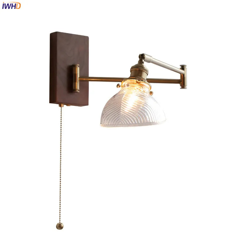 Helnys Clear Glass Copper LED Wall Lights with Pull Chain Switch and Walnut Wood Canopy