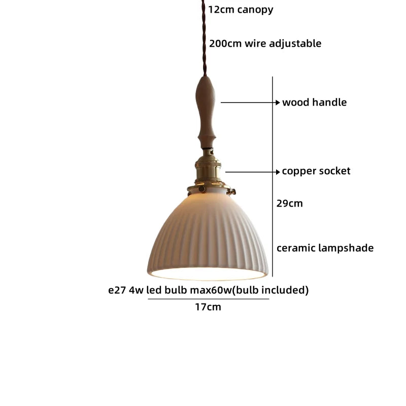 Helnys Round Wood White Ceramic LED Pendant Lamp for Home Decor