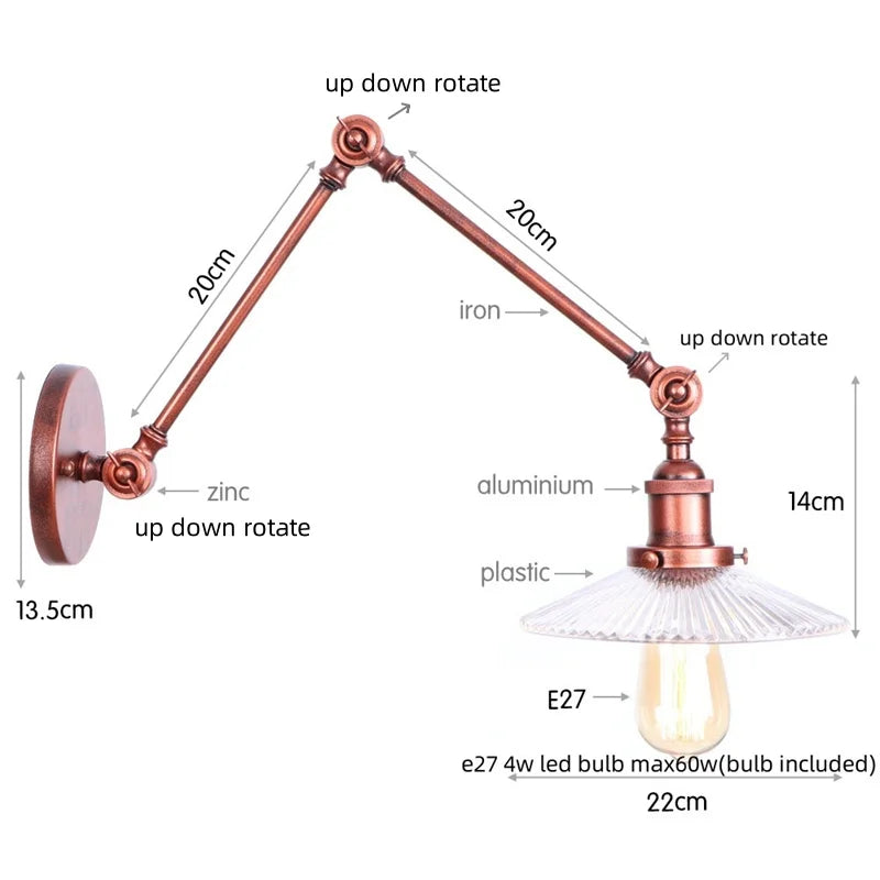 Helnys Adjustable Glass Wall Sconce Pull Chain Switch Industrial Rustic LED Fixture