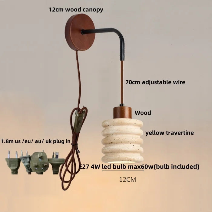 Helnys Adjustable LED Wall Lamp Pull Chain Switch Wood Nordic Modern Yellow Travertine