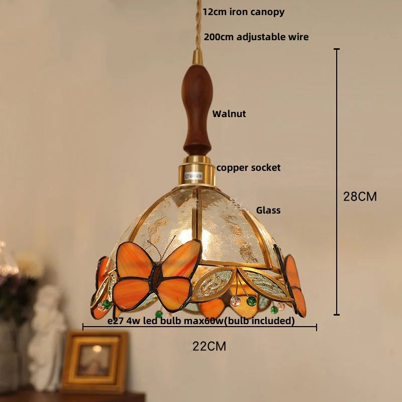 Helnys Butterfly Pink LED Pendant Lamp, Nordic Modern Walnut Wood Glass Hanging Light