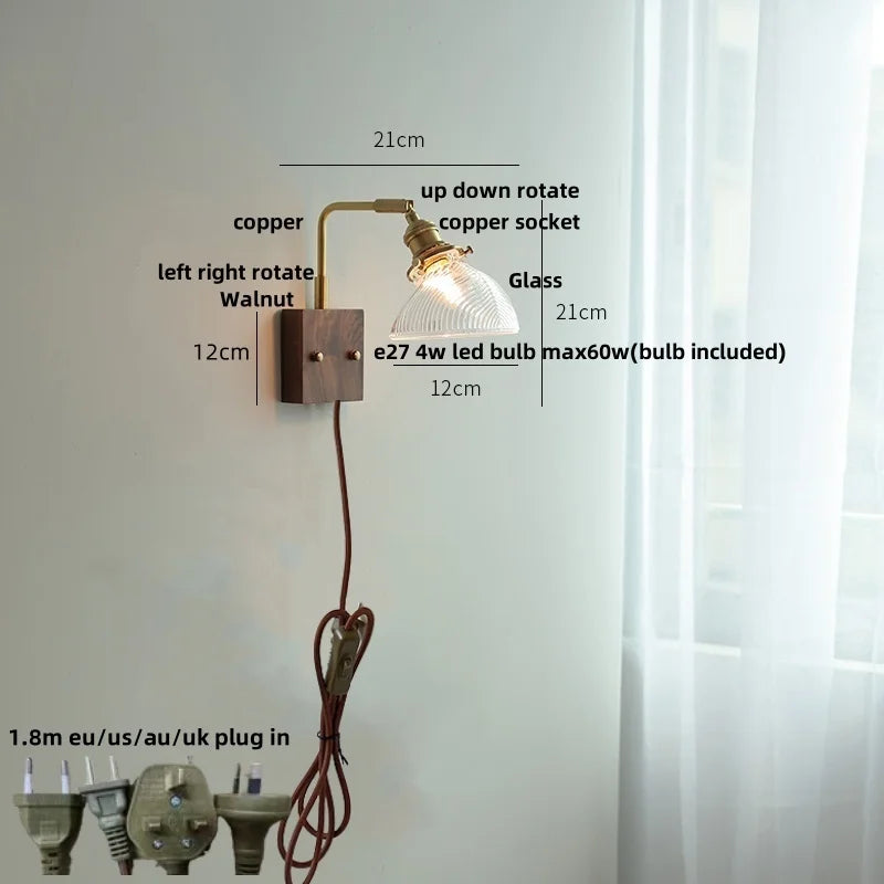 Helnys Walnut Wood LED Wall Sconce Vintage Copper Toggle Switch Lamparas