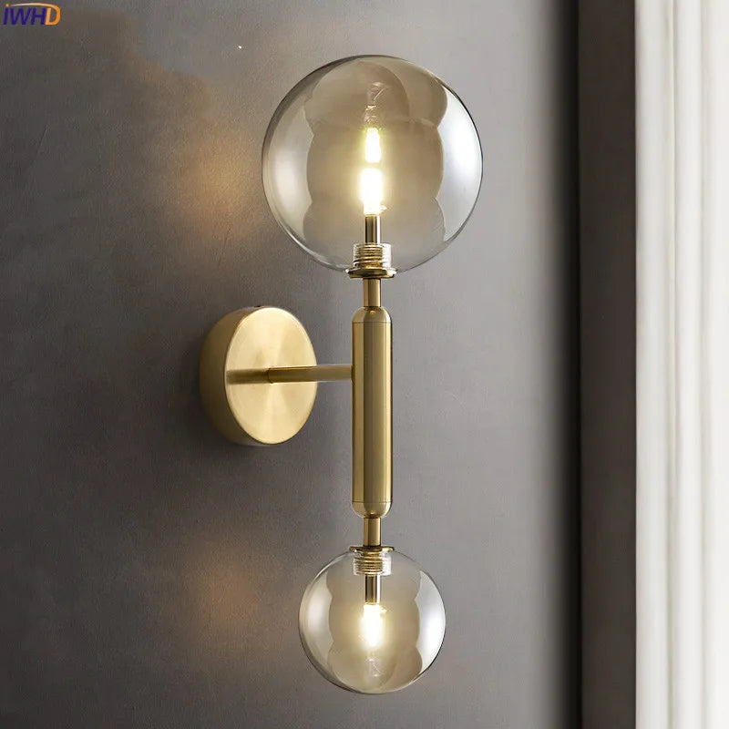Helnys Copper LED Wall Sconce Amber Glass Ball Modern Applique Murale