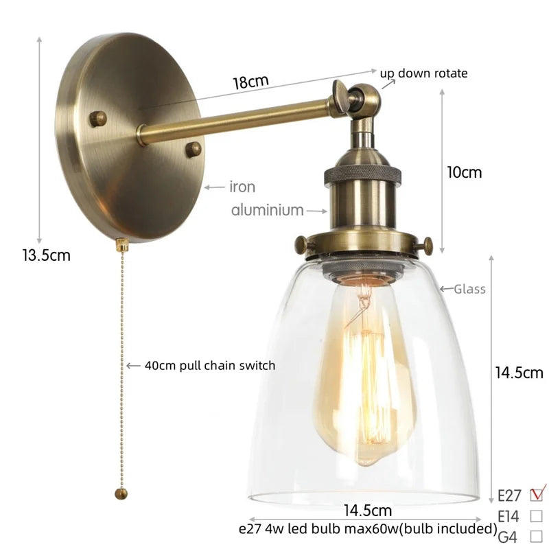 Helnys LED Wall Lamp Single Arm Glass Iron Vintage Retro Stair Light