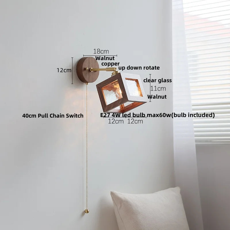 Helnys Walnut Wood LED Wall Light with Clear Glass Sconce & Pull Chain Switch