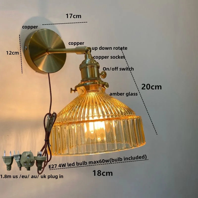 Helnys Copper Socket LED Wall Lamp Clear Glass Pull Chain Switch
