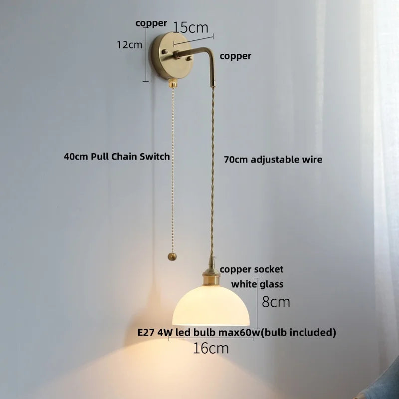 Helnys Nordic LED Wall Light Pull Chain Switch Glass Adjustable Stair Sconce