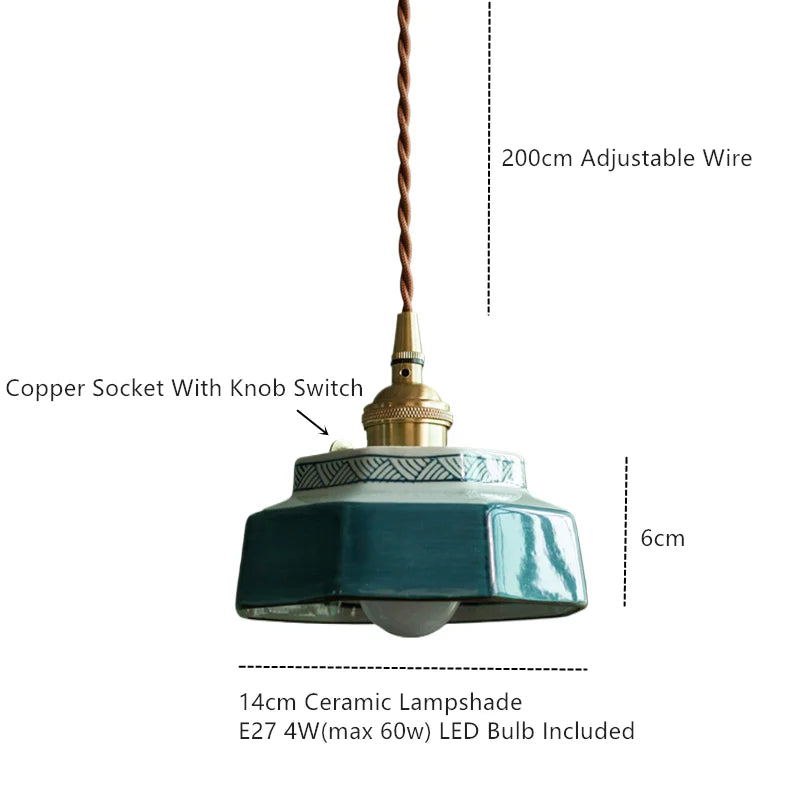 Helnys Dark Green Ceramic Pendant Light Fixture Retro Hanging Lamp Home Decoration Lighting
