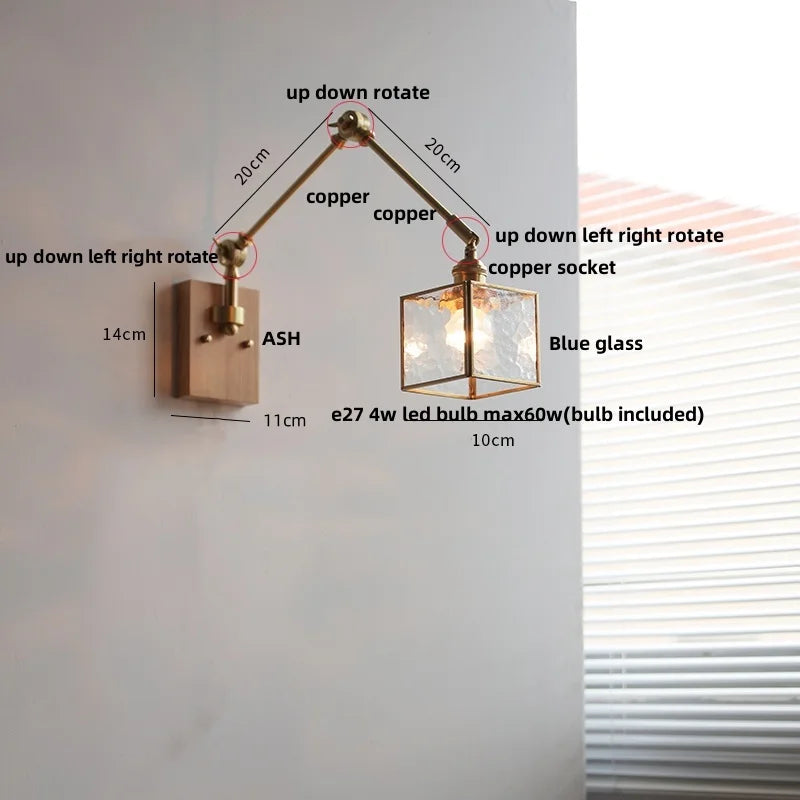 Helnys Modern LED Wall Lamp Glass Pull Chain Switch Rotatable Swing Arms Fixtures