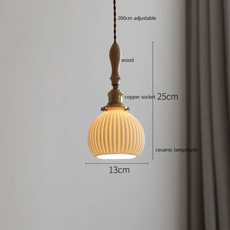 Helnys Copper Ceramic LED Pendant Lamp with Wood Handle