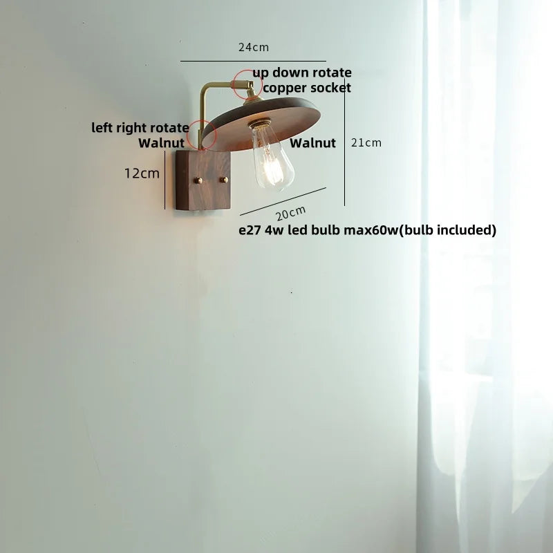 Helnys Loft Wood LED Wall Light Vintage Walnut Rotatable Bedside Lamp