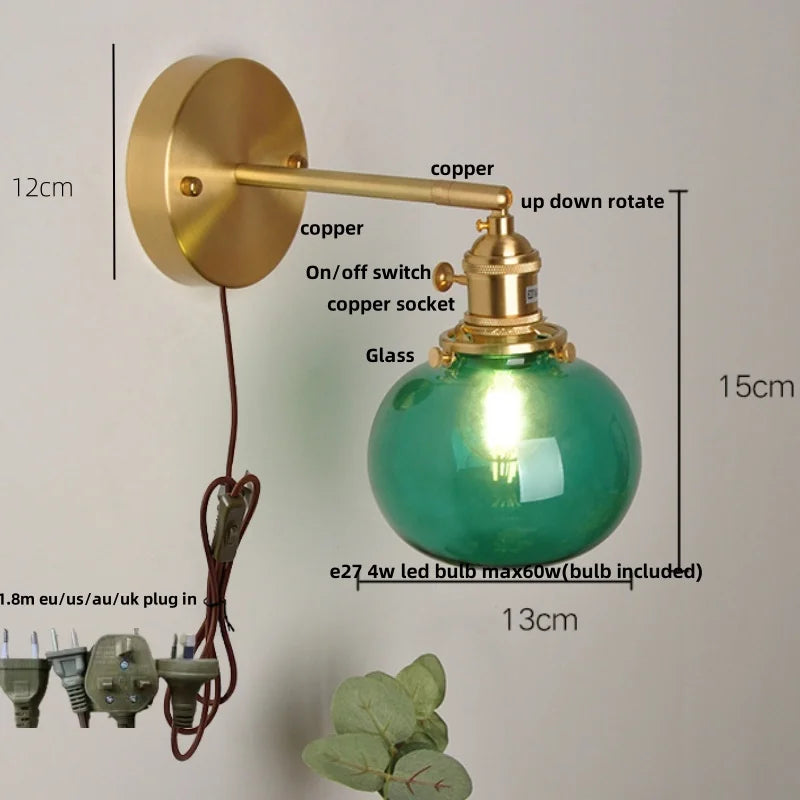 Helnys Nordic LED Wall Light Clear Glass Pull Chain Switch Bedside Lamp