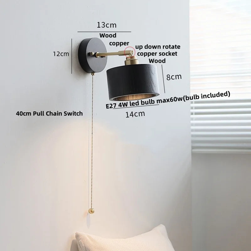 Helnys Black Wood LED Wall Light with Pull Chain Switch