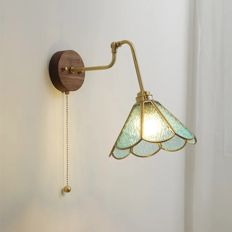 Helnys Green Glass Copper LED Wall Lamp with Pull Chain Switch and Walnut Wood Base