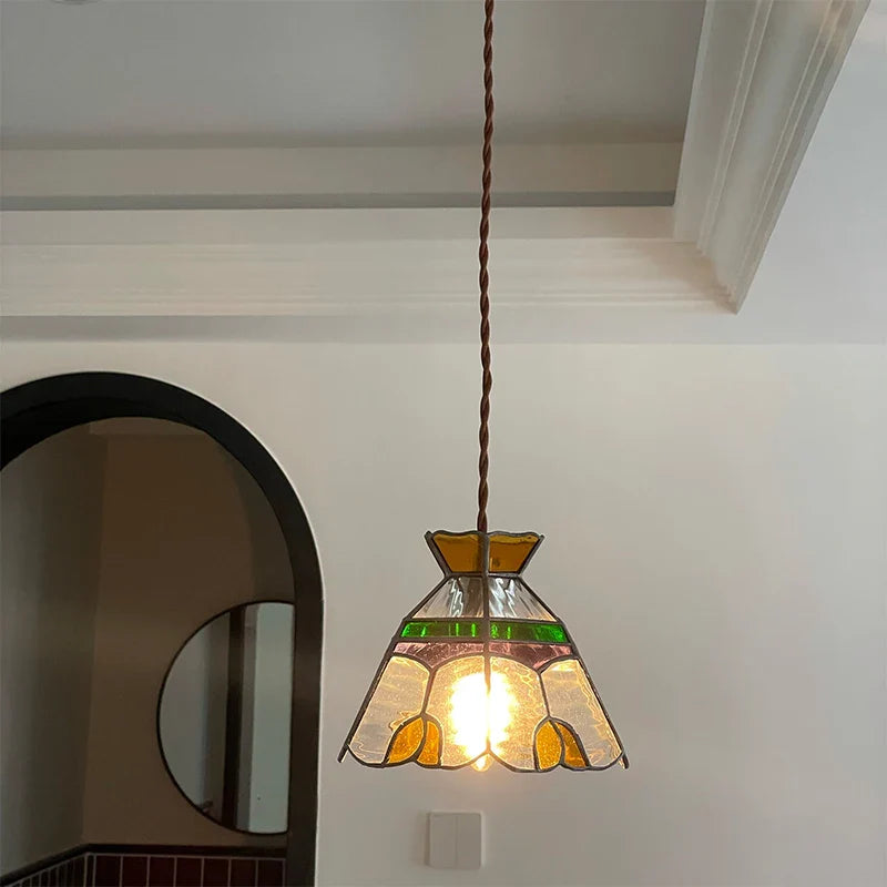 Helnys Tiffany Style Walnut Wood LED Pendant Lights with Colorful Glass