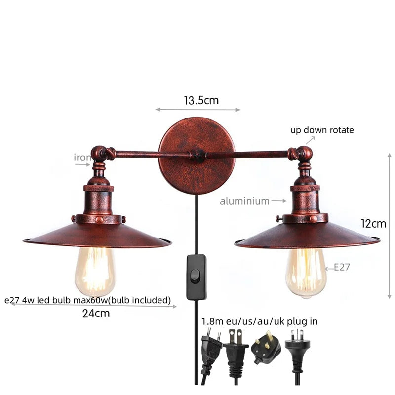 Helnys 2-heads Loft LED Wall Lights Stair Bedside Lamp Industrial Style