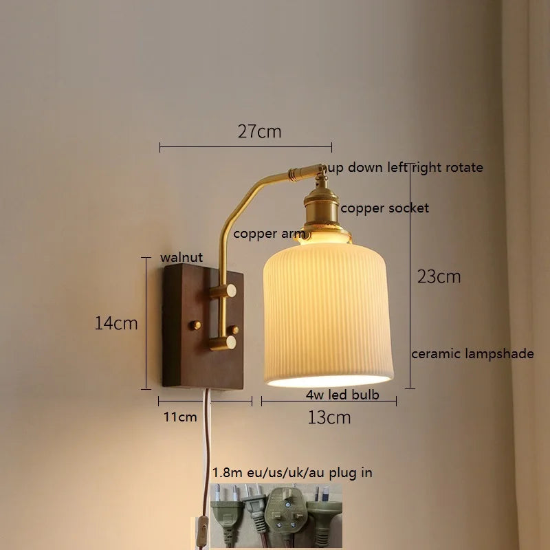 Helnys Nordic Copper LED Wall Lights Fixtures Switch Walnut Wall Lamp