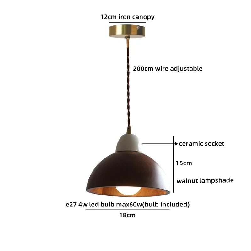 Helnys Walnut Wood Hanging Lamp with Ceramic Socket, Industrial Vintage LED Pendant Light