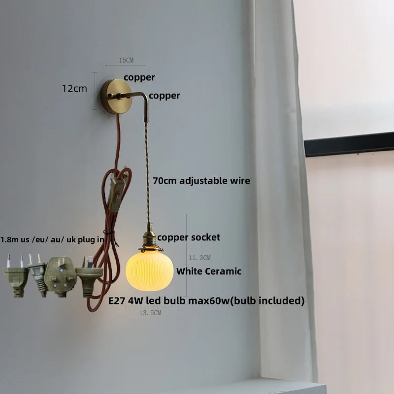 Helnys Adjustable LED Wall Light Clear Glass Copper Socket Bedside Lamp