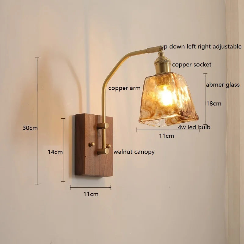 Helnys Nordic Copper LED Wall Lights Fixtures Switch Walnut Wall Lamp