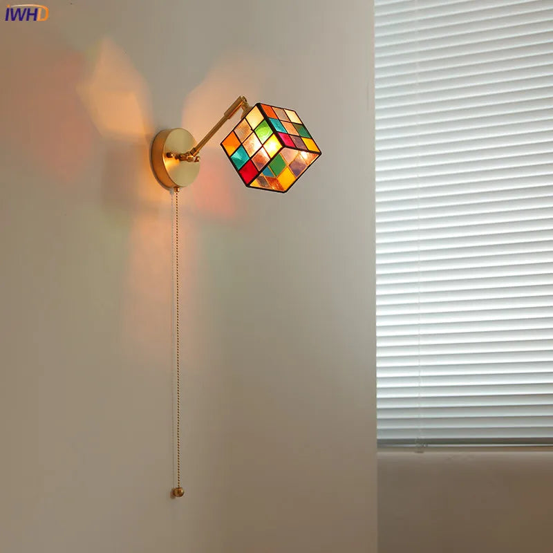 Helnys Colorful Glass LED Wall Lamp Sconce with Pull Chain Switch