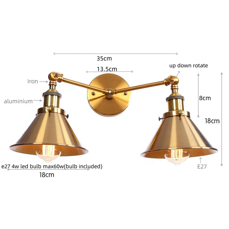 Helnys Industrial Vintage 2-Head LED Wall Light Gold Iron Loft Lamparas De Pared