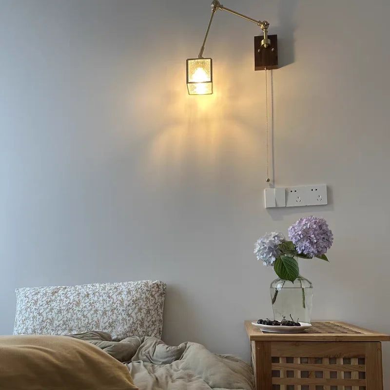 Helnys Cube Glass LED Wall Lamp Sconce with Pull Chain Switch Rotation Wood Arms