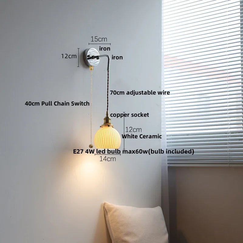 Helnys Ceramic LED Wall Sconce, Pull Chain Switch Bathroom Mirror Light