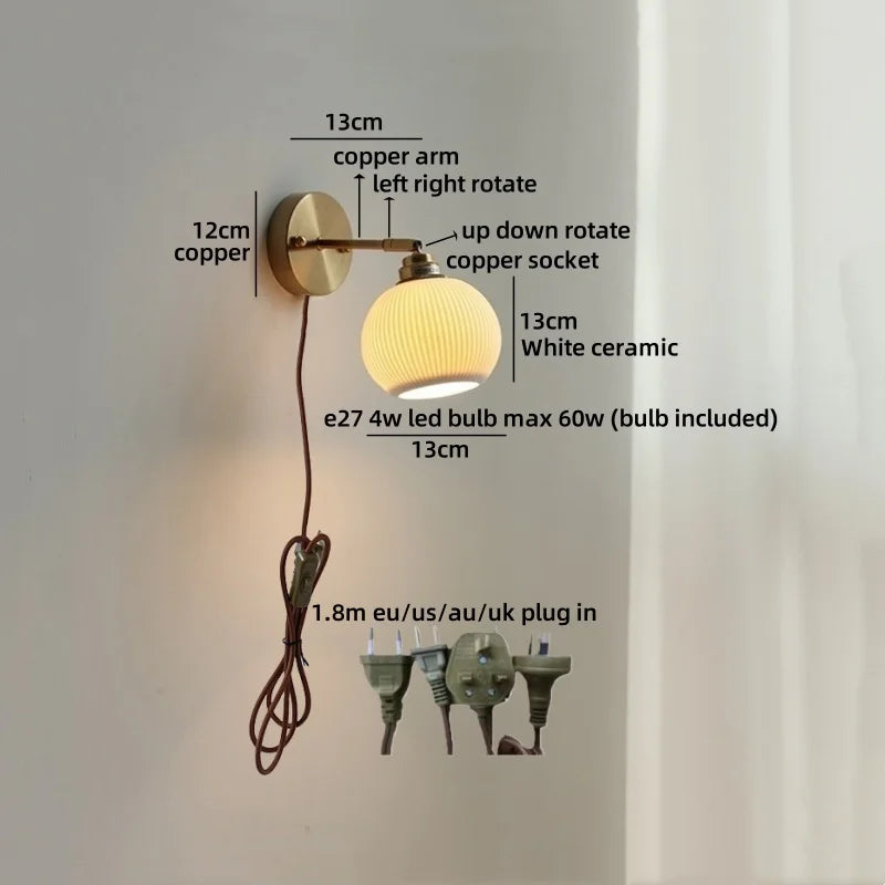 Helnys LED Wall Lamp Bedroom Gold Swing Arm Ceramic Light