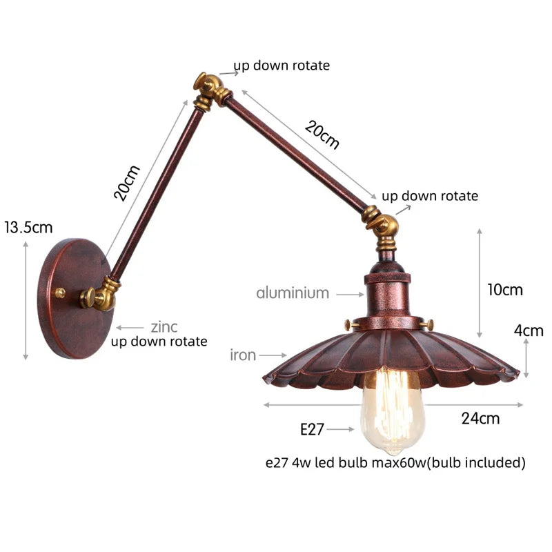 Helnys Gold Industrial LED Wall Lamp with Pull Chain Switch