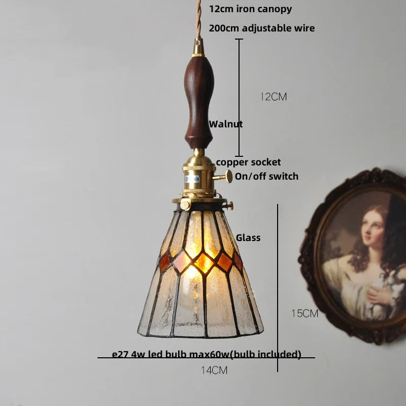 Helnys Amber Glass LED Pendant Light Fixture with Walnut Wood Bar and Adjustable Wire
