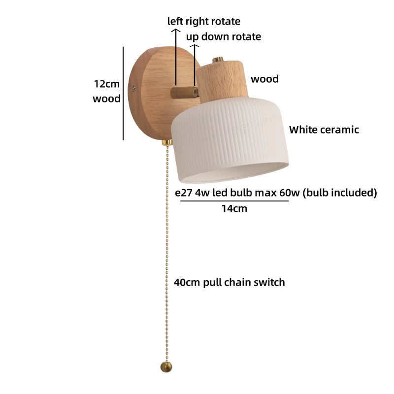Helnys Japanese Style LED Wall Light Fixture Ceramic Wood Bedside Lamp