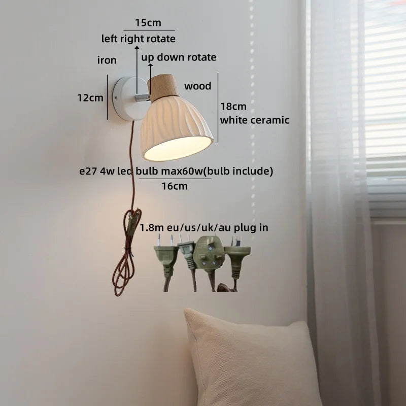 Helnys Ceramic LED Wall Sconce Light: Nordic Minimalist White Bedroom Lamp