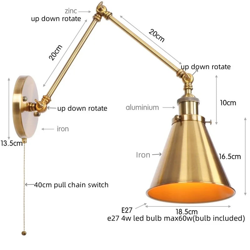 Helnys Retro LED Swing Arm Wall Sconce Black Industrial Vintage Loft Lamp
