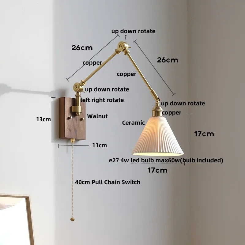 Helnys LED Rotatable Wall Lamp Fixture with Wood Design & Pull Chain Switch