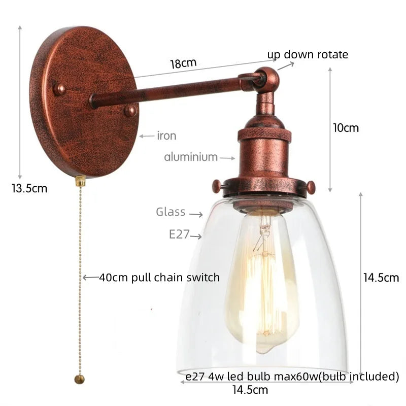 Helnys Gold LED Wall Light with Pull Chain Switch - Industrial Vintage Style