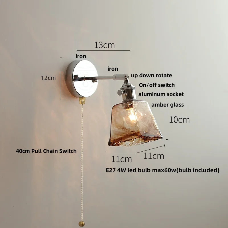 Helnys Clear Glass LED Wall Lamp Pull Chain Switch Up Down Rotatable Stair Light Fixtures