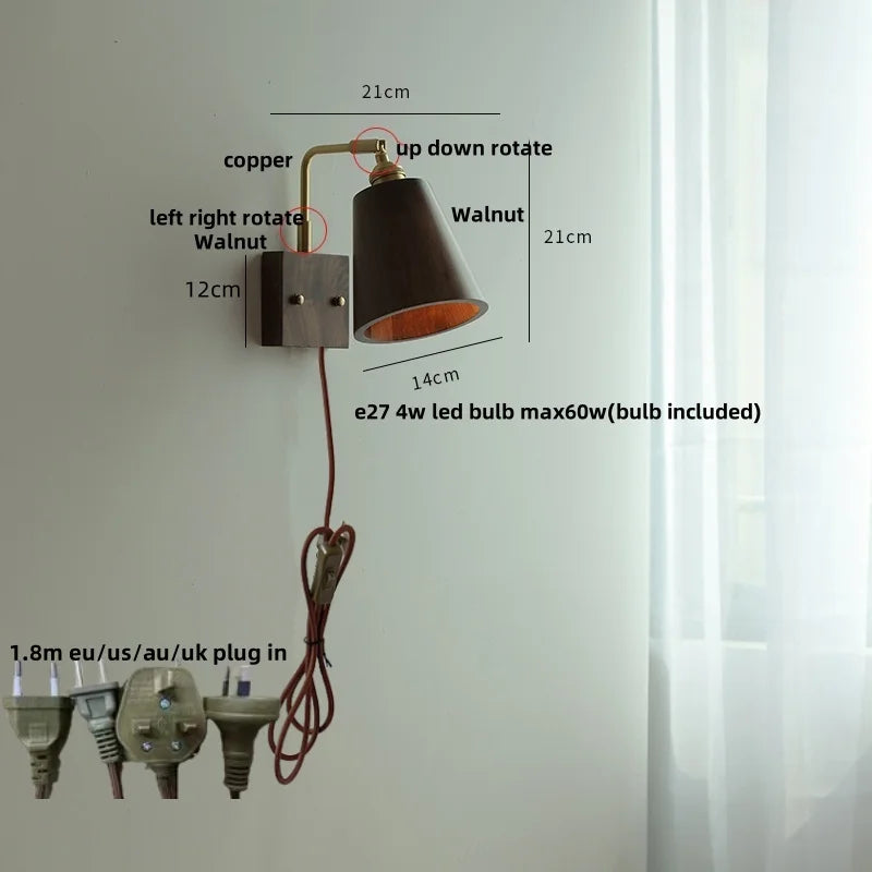 Helnys Loft Wood LED Wall Light Vintage Walnut Rotatable Bedside Lamp