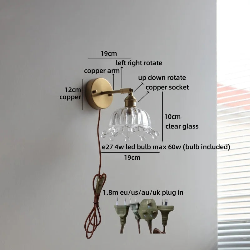 Helnys Nordic Crystal Glass Wall Sconce LED Light Fixture Antique Brass Gold Bedroom Lamp