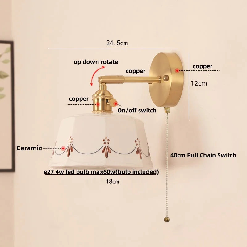 Helnys Ceramic LED Wall Lamp with Pull Chain Switch - Up Down Rotate Copper Mirror Light