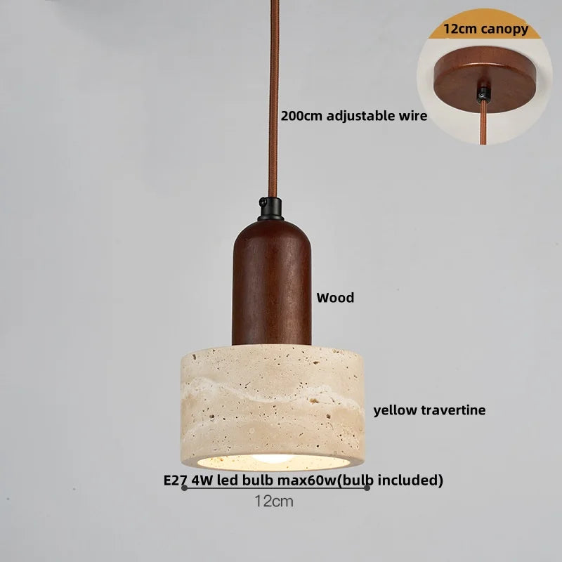 Helnys Adjustable LED Pendant Lights Yellow Travertine Wood Base Nordic Modern Hang Lamp