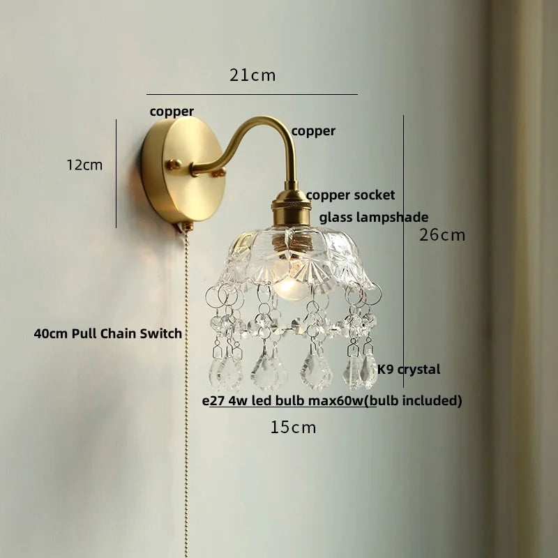 Helnys Green Class Ball LED Wall Light Fixture - Copper Socket Pull Chain Switch