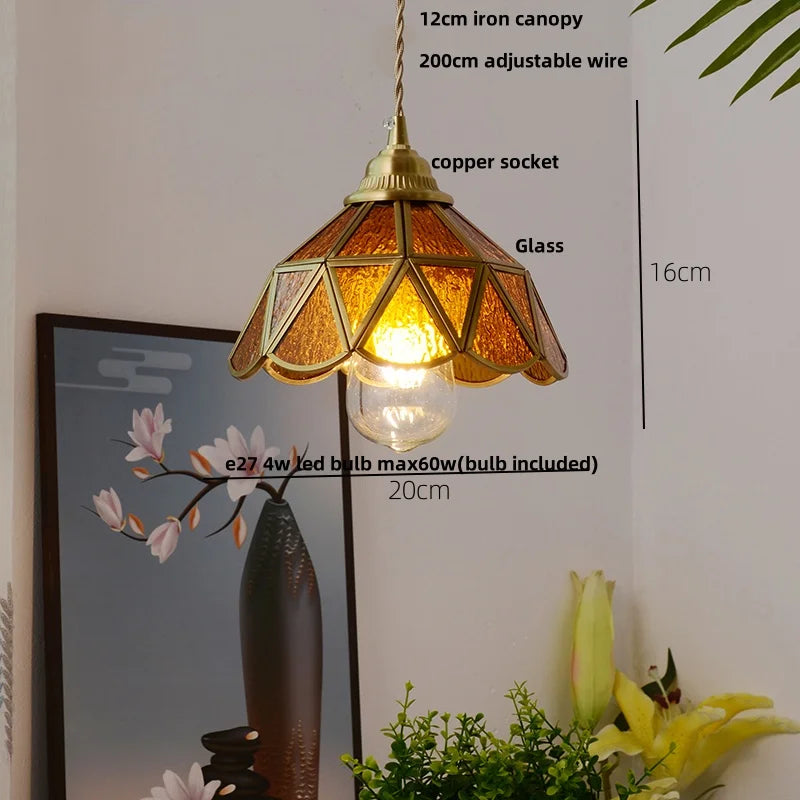 Helnys Vintage Copper Wire Glass Pendant Lamp Adjustable LED Fixture